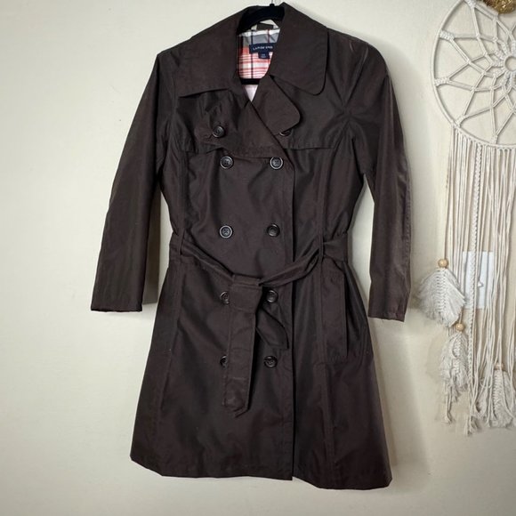 Lands End Double Breasted Belted Brown Women's Trench Coat XS Water Resistant - Picture 2 of 14